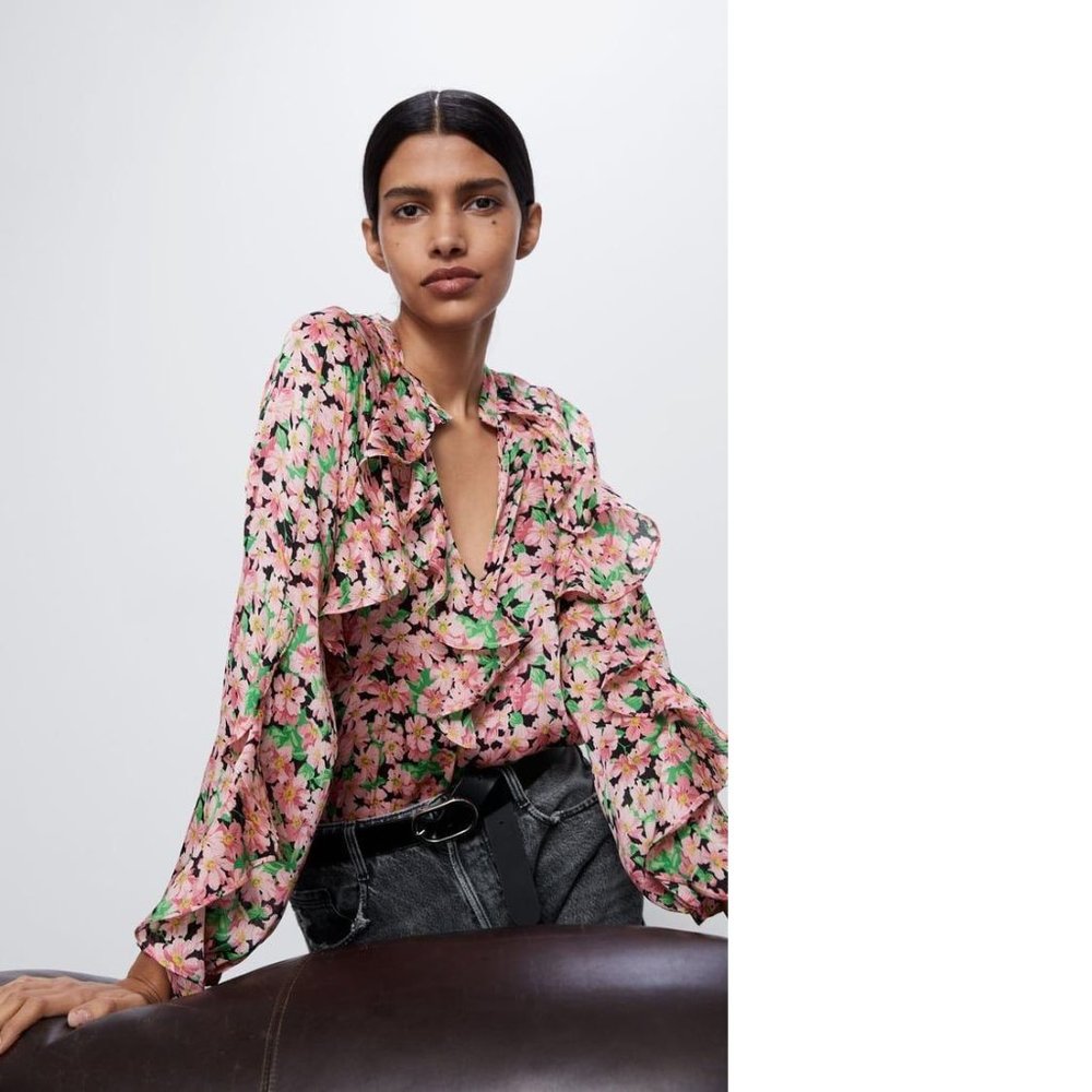 ZARA Women's Size Medium Pink Floral Long Sleeve V-Neck Ruffle Loose Blouse Top - Picture 9 of 11
